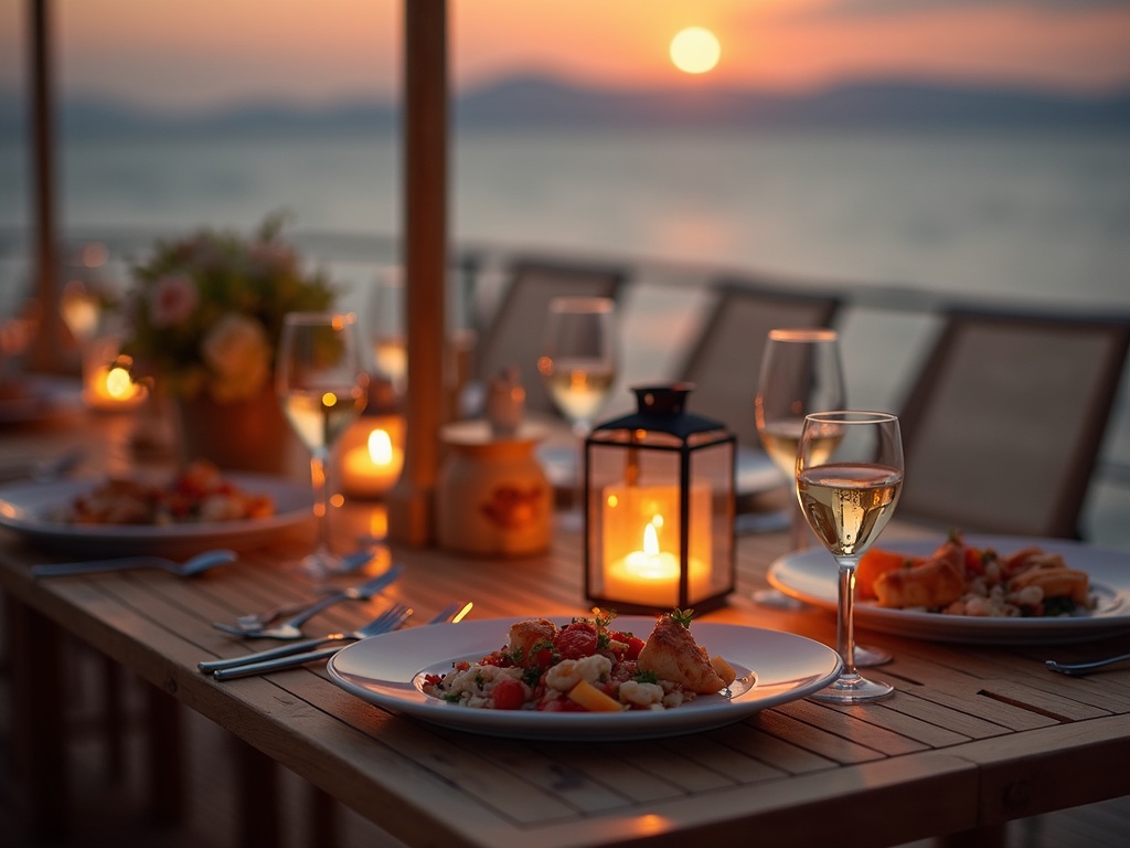 Sundeck dining table set for dinner on a phinisi yacht at dusk