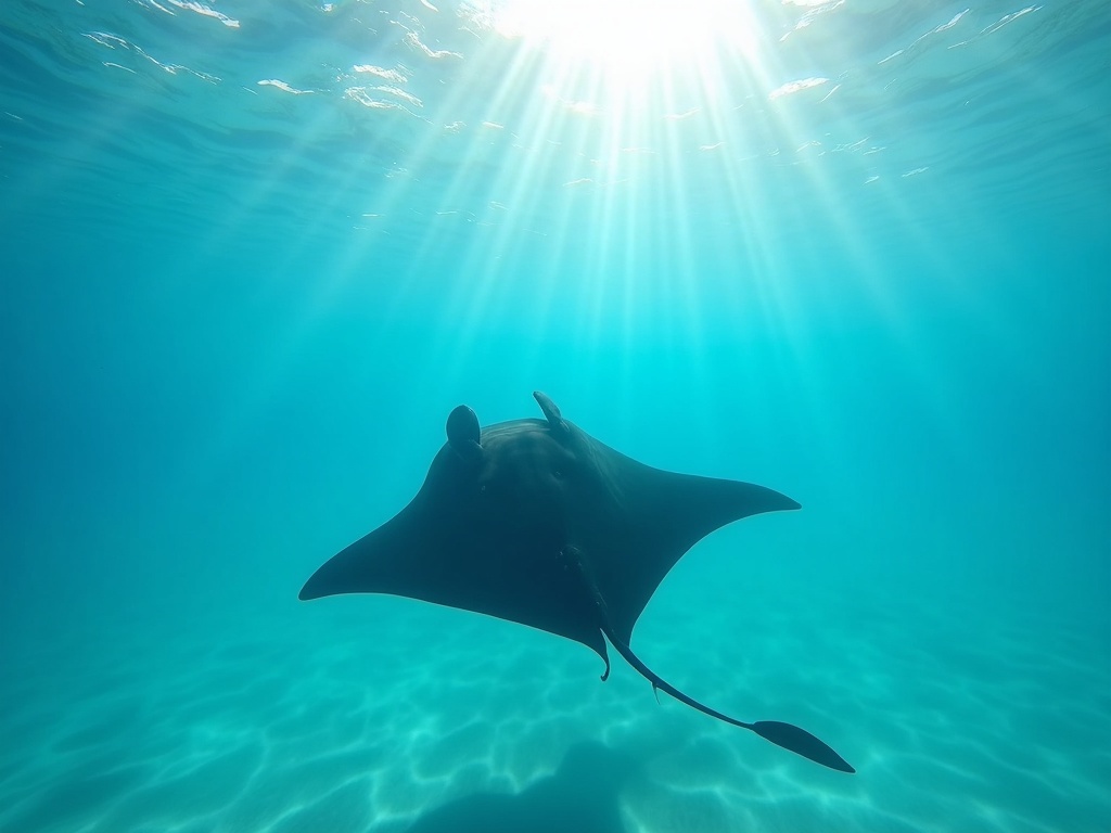 Reef manta ray gliding through clear turquoise shallows in Komodo