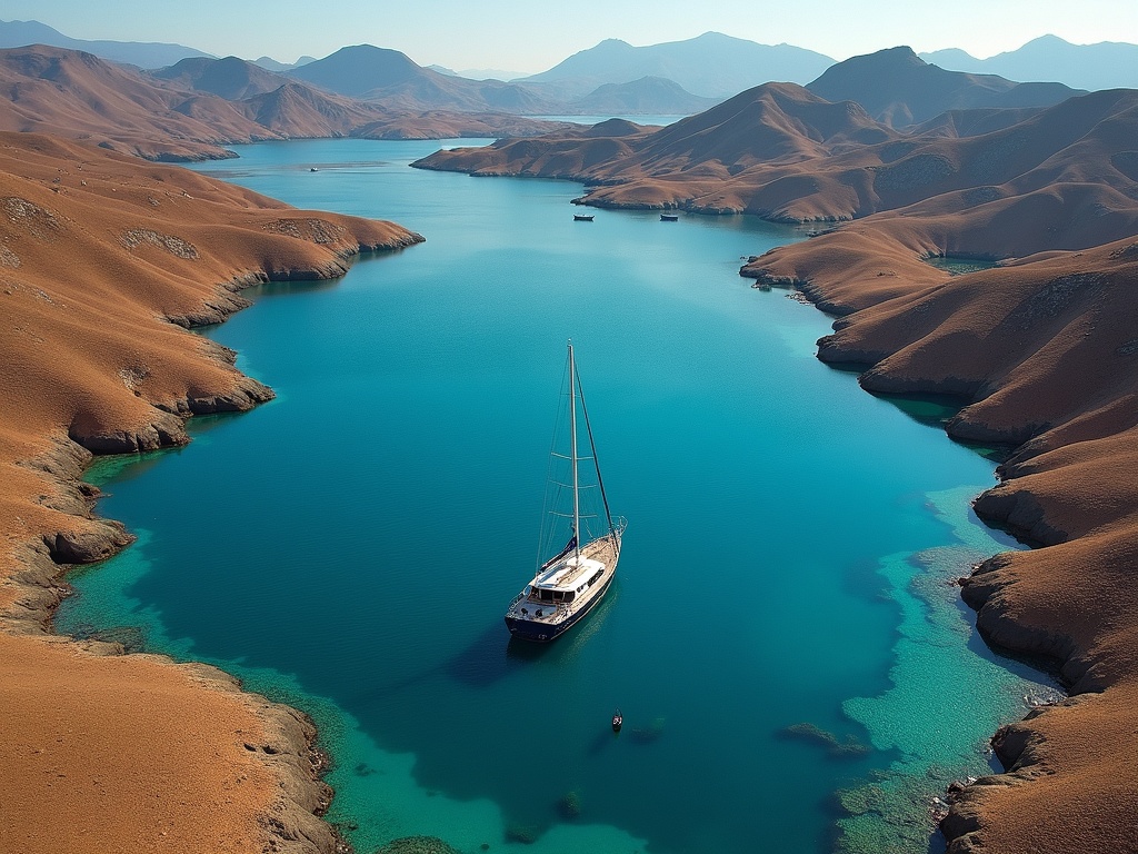 Phinisi yacht in a bay framed by dry savanna ridges in the Komodo islands