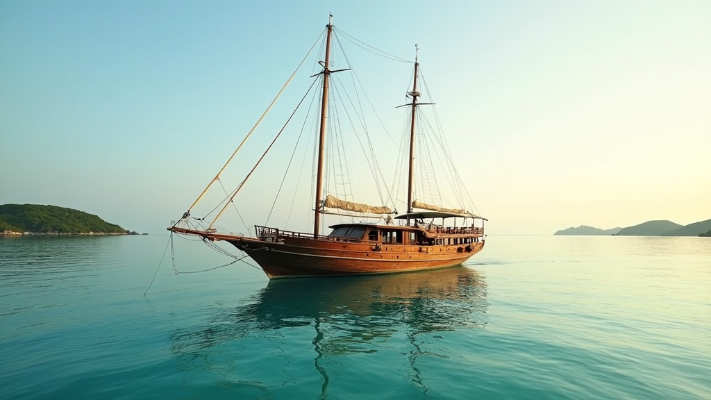 Wooden phinisi yacht anchored in calm turquoise Komodo waters at golden hour near Labuan Bajo