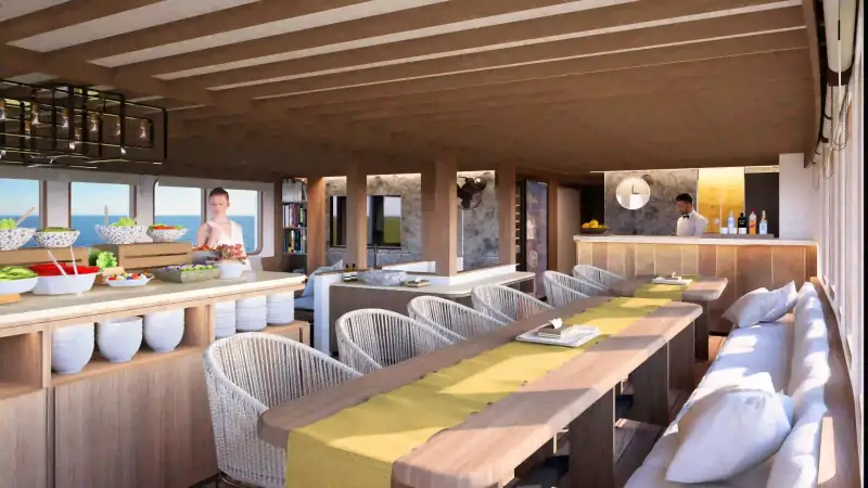 The indoor dining saloon of a Luxury class phinisi