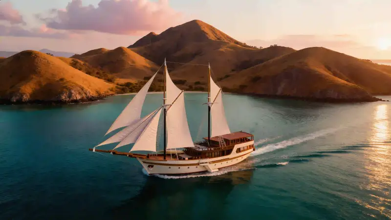 A phinisi under sail in Komodo National Park